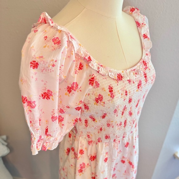 LOVESHACKFANCY Cosette White Cotton & Hot Pink Floral Smocked Ruffle Mini Dress